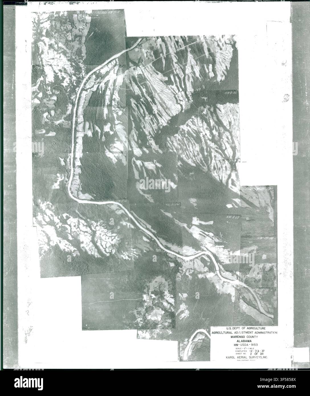 Ein Luftbildindex für Marengo County, Alabama, aus den Aufzeichnungen der Farm Service Agency, der das Layout von Luftbildern für das Gebiet zeigt. Stockfoto