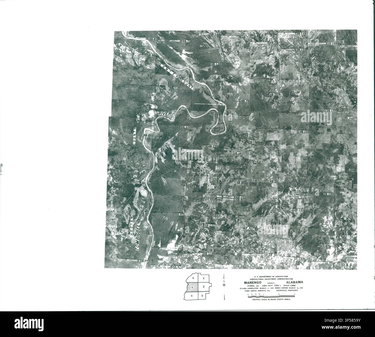 Ein Luftbildindex für Marengo County, Alabama, Blatt 5, aus den Aufzeichnungen der Farm Service Agency, erstellt zur Indexierung von Luftbildern der Vereinigten Staaten Stockfoto