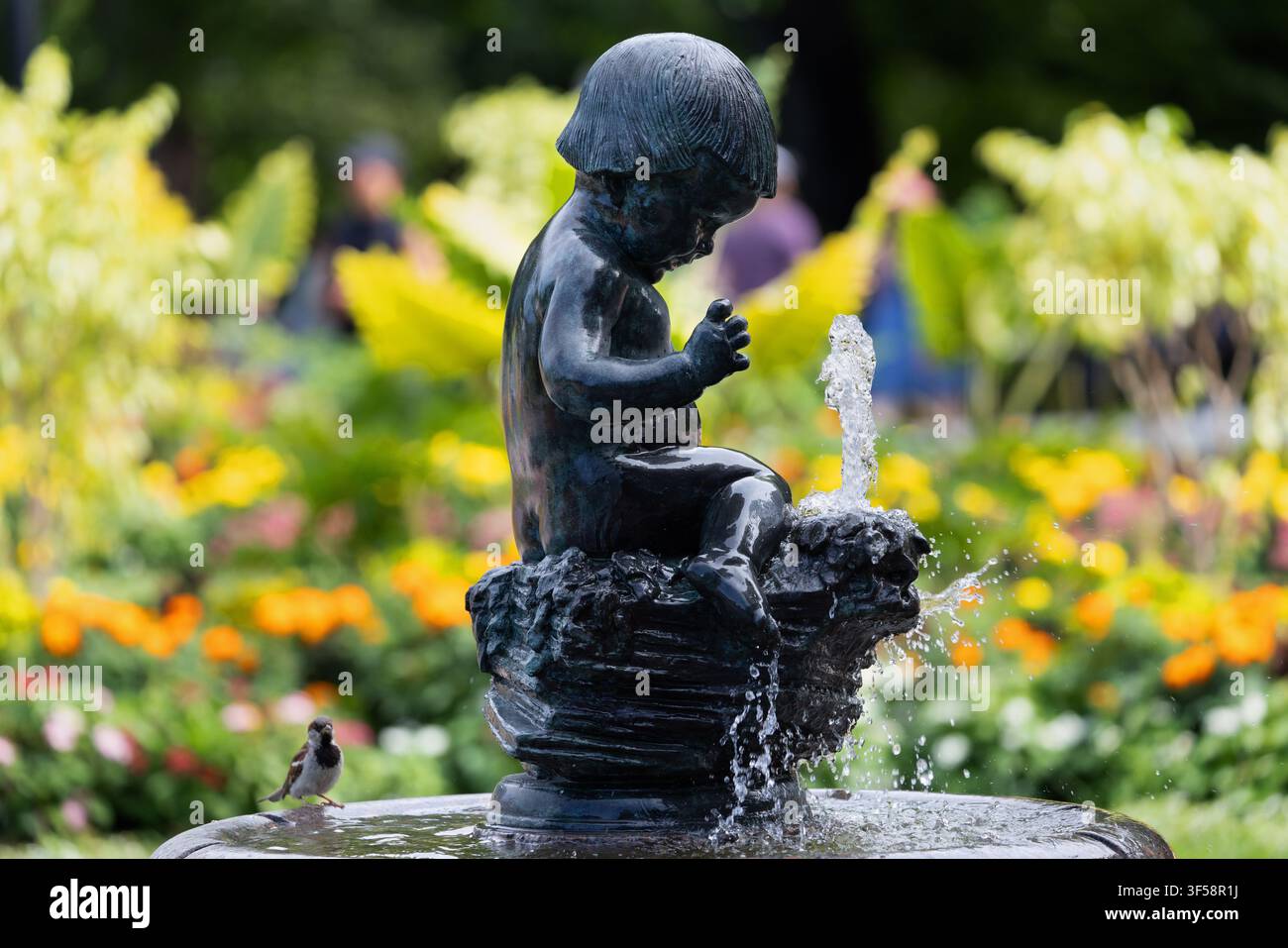 Der bronzene Junge-und-Vogel-Brunnen ist von bunten Blumen im Boston Public Garden, Boston, Massachusetts, umrahmt. Stockfoto