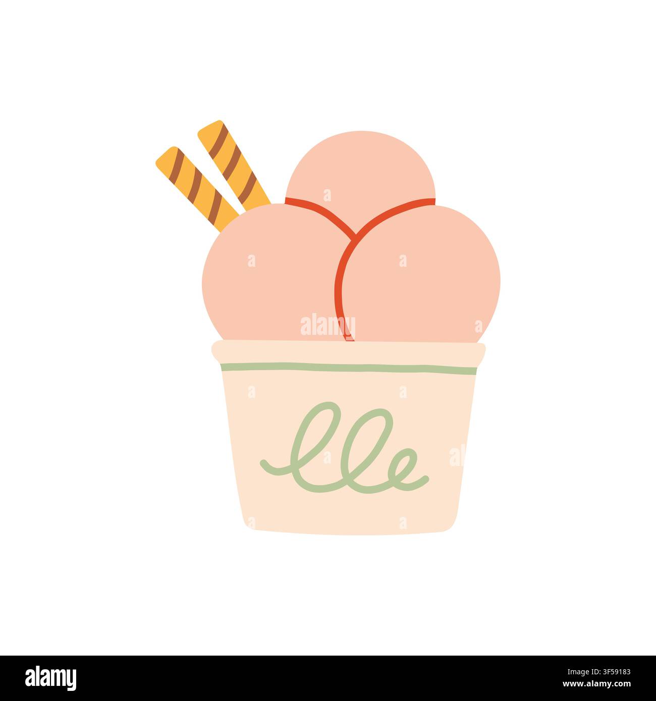 Süße rosa Eiscreme-Scoop in einer pastellfarbenen Papptüte mit Waffelkeksen Vektorillustration. Flaches süßes Dessert-Element für Sommer-Café-Menüs, Party Stock Vektor