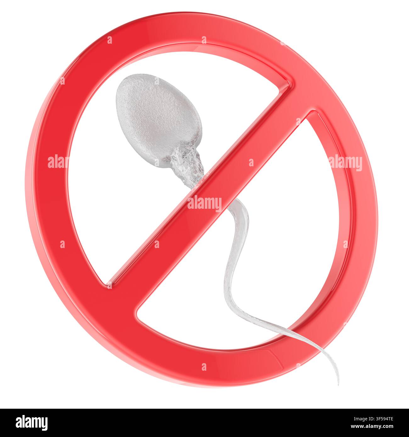 Spermien mit rotem Prohibitionszeichen. 3D-Rendering isoliert auf weißem Hintergrund Stockfoto