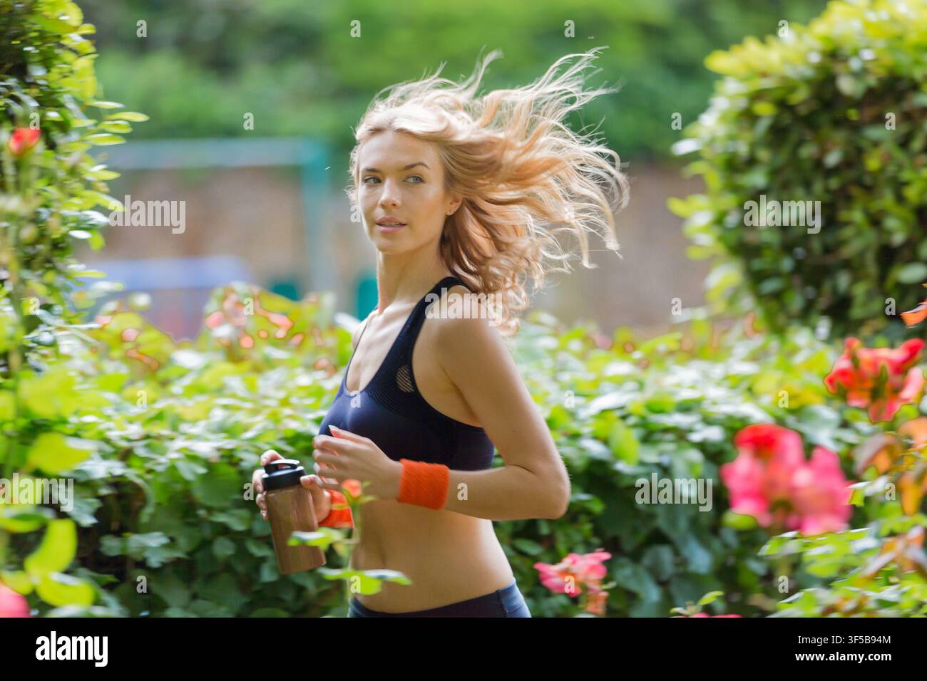 Eine blonde Frau in Sportkleidung läuft an blühenden Rosenbüschen vorbei mit einem Fitness-Drink in einem gestalteten Garten in Primrose Hill, London am 11. Juni 201 Stockfoto