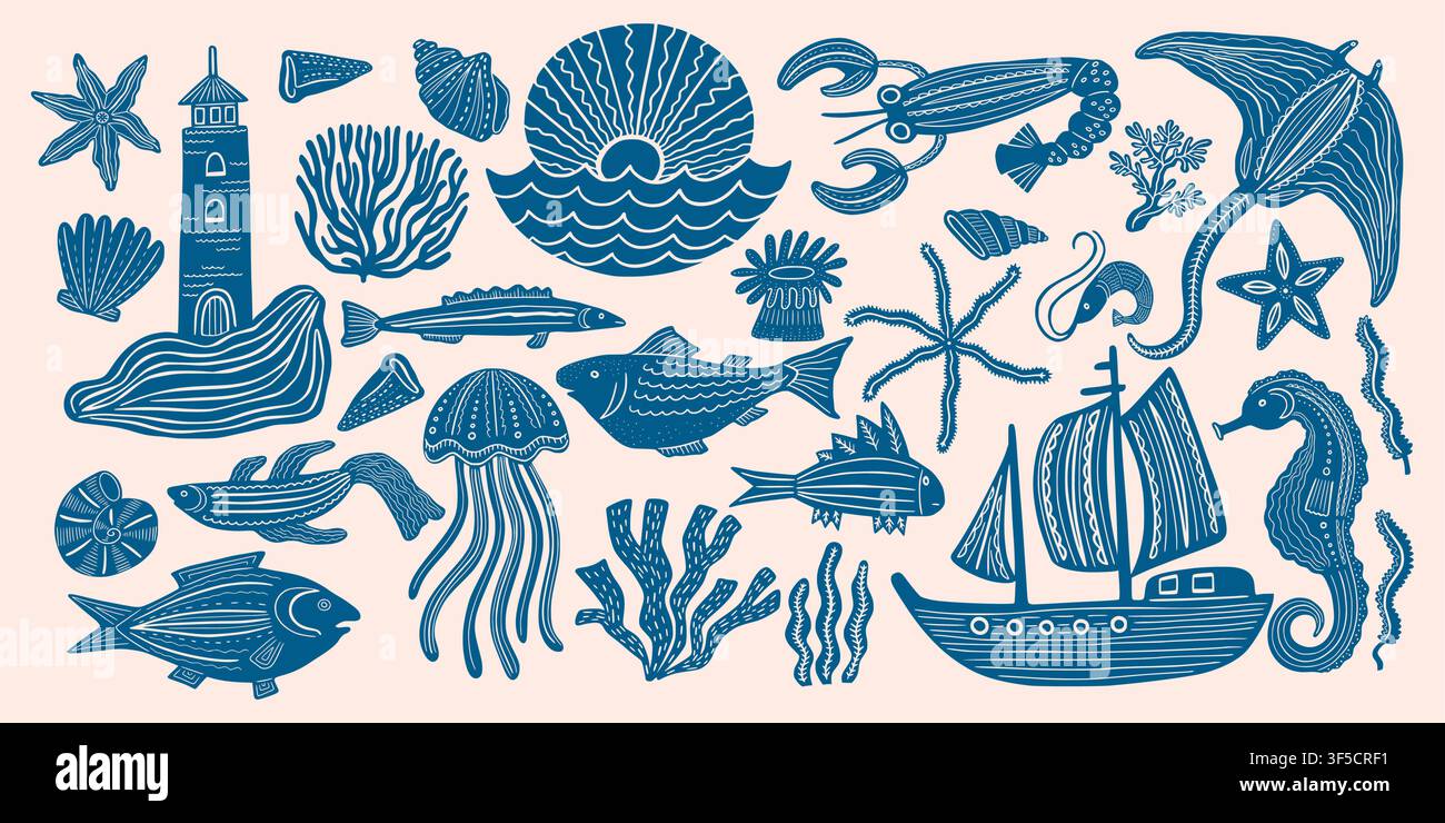 Strand-Symbole. Sommerlich handgezeichnete Kritzeleien, italienische organische Seesterne oder Kritzeleien-Wasserfische als Vintage-Tinten-Food-Grafik. Dekorative Sammlung für Meeresfrüchte oder Kinderzimmer und Kleiderdekoration. Vektor-Druck Stock Vektor