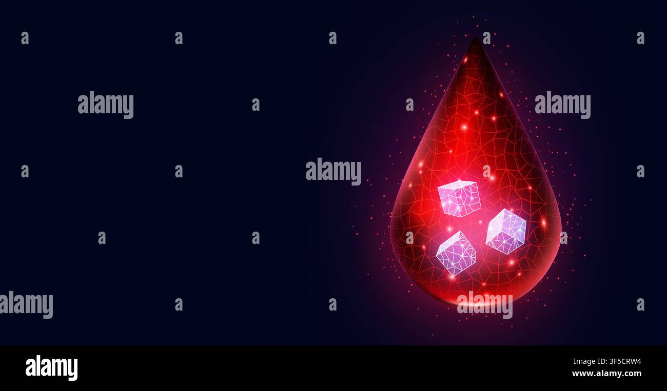 Zucker im Blut. Hoher Glukosespiegel, Hyperglykämie-Digitalikone. Poly-Pankreas-Diagnose, Insulin- oder Hormondrop-Test. Metabolische Gesundheit. Würfel in einem roten Tropfen. Vektor-horizontales medizinisches Banner Stock Vektor