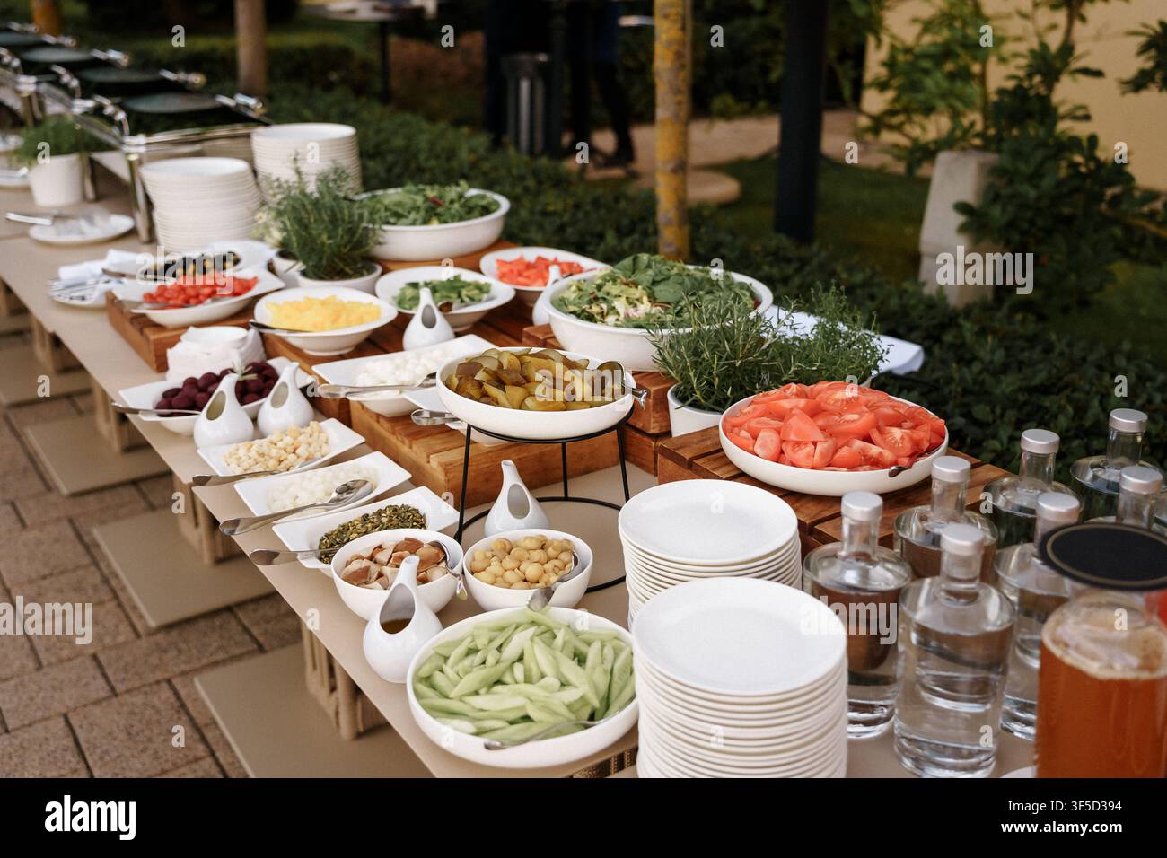 Buffet für Außengastronomie mit frischen Salaten, verschiedenen Vorspeisen in Schüsseln und Getränkeflaschen, perfekt für Sommerveranstaltungen und Gartenhochzeitsempfänge, Gastronomie-Hospitality, elegantes Gartenbankett Stockfoto