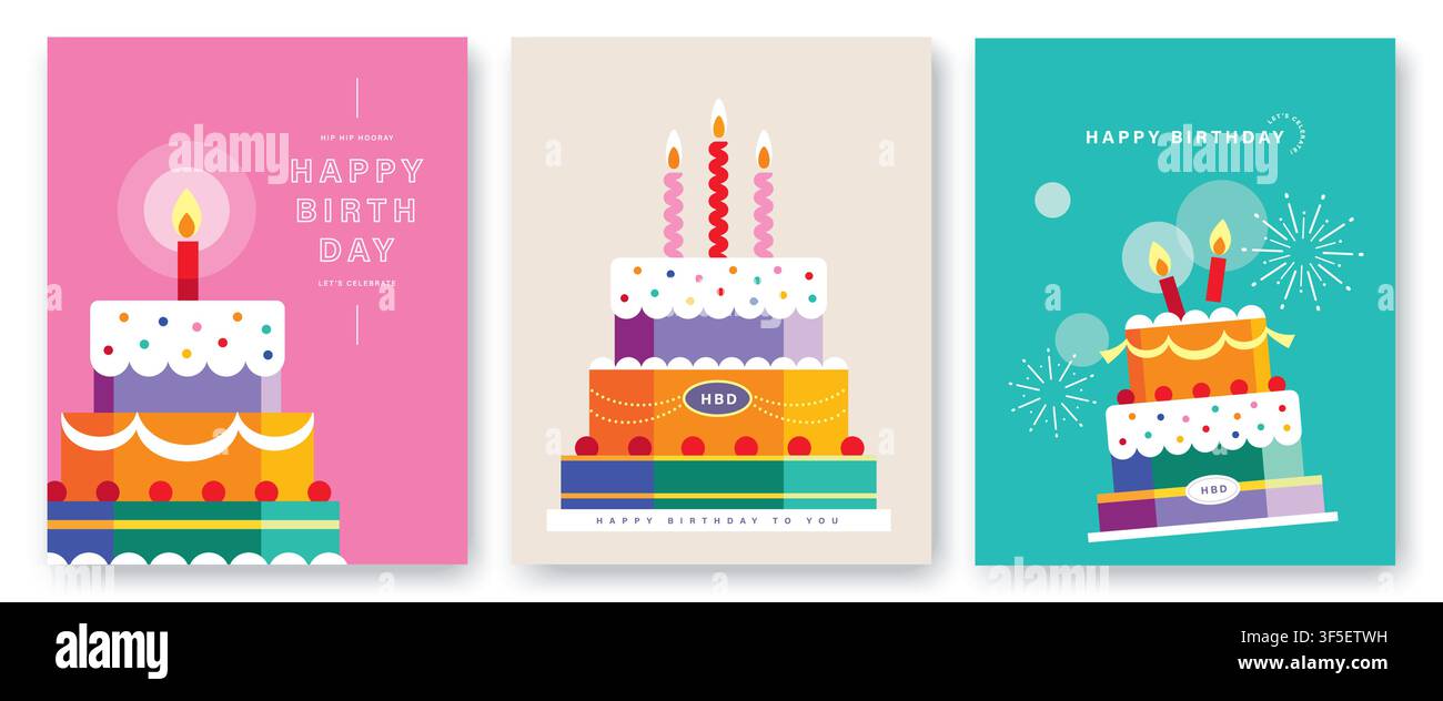 Set von Glückwunschkarten zum Geburtstag, Einladungskarte, Poster, Cover, Vektorillustration mit farbigem mehrstöckigem Geburtstagskuchen Stock Vektor