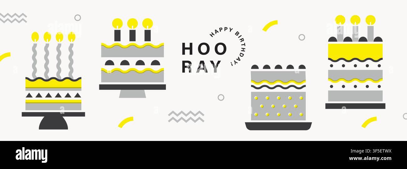 Alles Gute zum Geburtstag-Banner, Grußkarte, Einladungskarte, Poster, Cover, Vektorillustration mit Geburtstagstorten im modernen trendigen Geometriestil. Stock Vektor