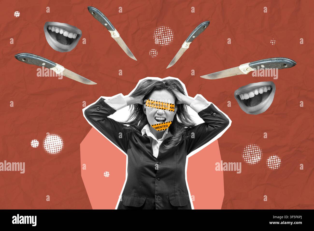 Kreatives surrealistisches Kollagebild, das eine Geschäftsfrau zeigt, die von Messern und lachenden Mündern überwältigt wird, und Stress am Arbeitsplatz, Mobbing, verbale Misshandlung symbolisiert, ein Stockfoto