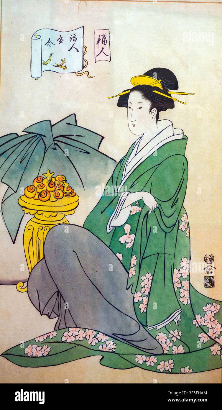 Geisha mit Blumenarrangement, japanische Ukiyo-e-Malereien im späten 19. Jahrhundert auf Maulbeerpapier - Bratko-Museum für Orientalische Kunst - Korce, Albanien Stockfoto