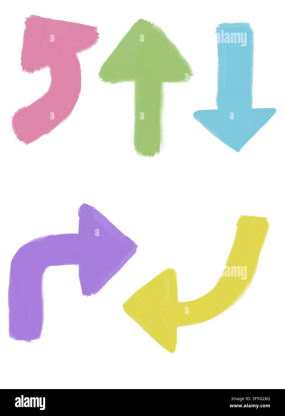 Ein handgezeichneter Illustrationssatz von sechs pinseltexturierten Pfeilen in Rosa, Grün, Blau, Lila und Gelb, mit gebogenen, geraden und gedrehten Richtungen. Stockfoto