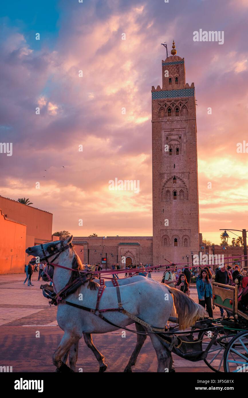 Panoramatische Ansicht der ikonischen Kutubiyya-Moschee, der Bücherhändler-Moschee, neben dem Jemaa el Fna-Platz im Medina-Viertel von Marrakesch, Marokko Stockfoto