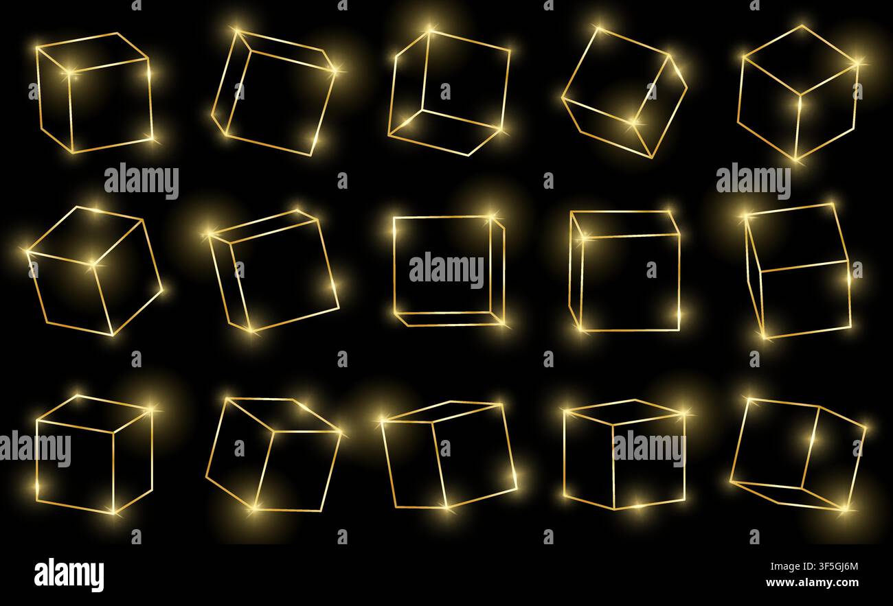 Goldene glänzende 3D-Würfelpackung isoliert auf schwarzem Hintergrund. Mehrere Goldwürfel. Verschiedenes Licht, Perspektive und Winkel. Leuchtende Gold-3D-Rahmen-Set. Vektor Stock Vektor