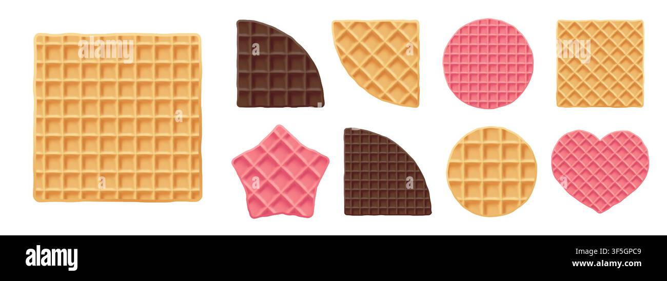 Waffel rosa runde Waffel für belgisches Dessert, leckere Waffeltextur-Ikone. Quadratischer beiger Stroopwafel und Sternrelief gebackenes Essen, braunes gebackenes Muster Stock Vektor