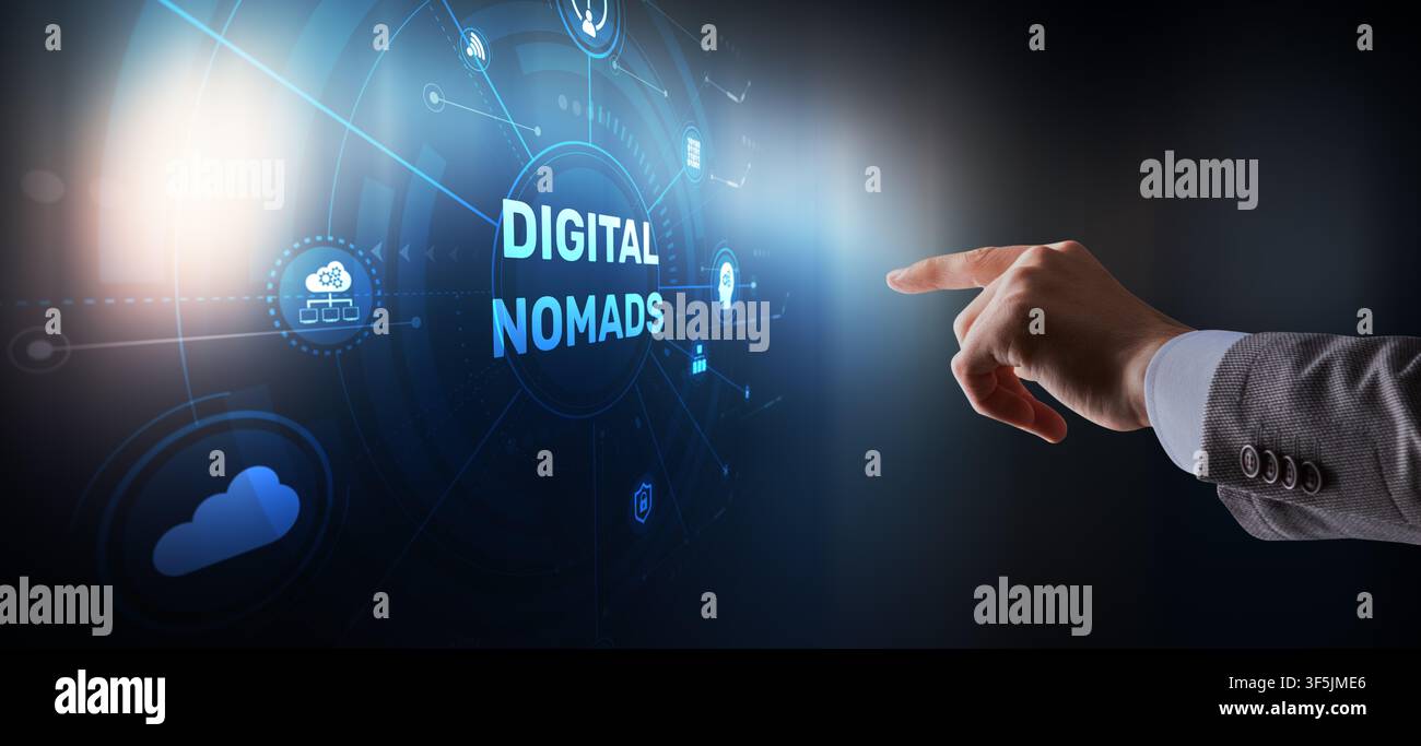 Digital-Nomaden-Concept für den Fernarbeitsstil mit virtuellen Netzwerk-Symbolen für flexible Beschäftigung Stockfoto
