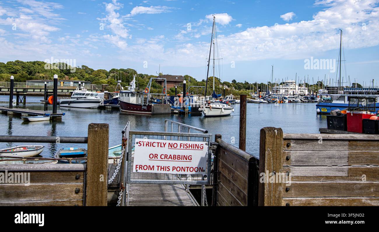 Marinaansicht mit Booten und einem Schild, das streng vor dem Angeln oder Krabbenfischen von diesem Ponton in Lymington, Hampshire, UK warnt Stockfoto