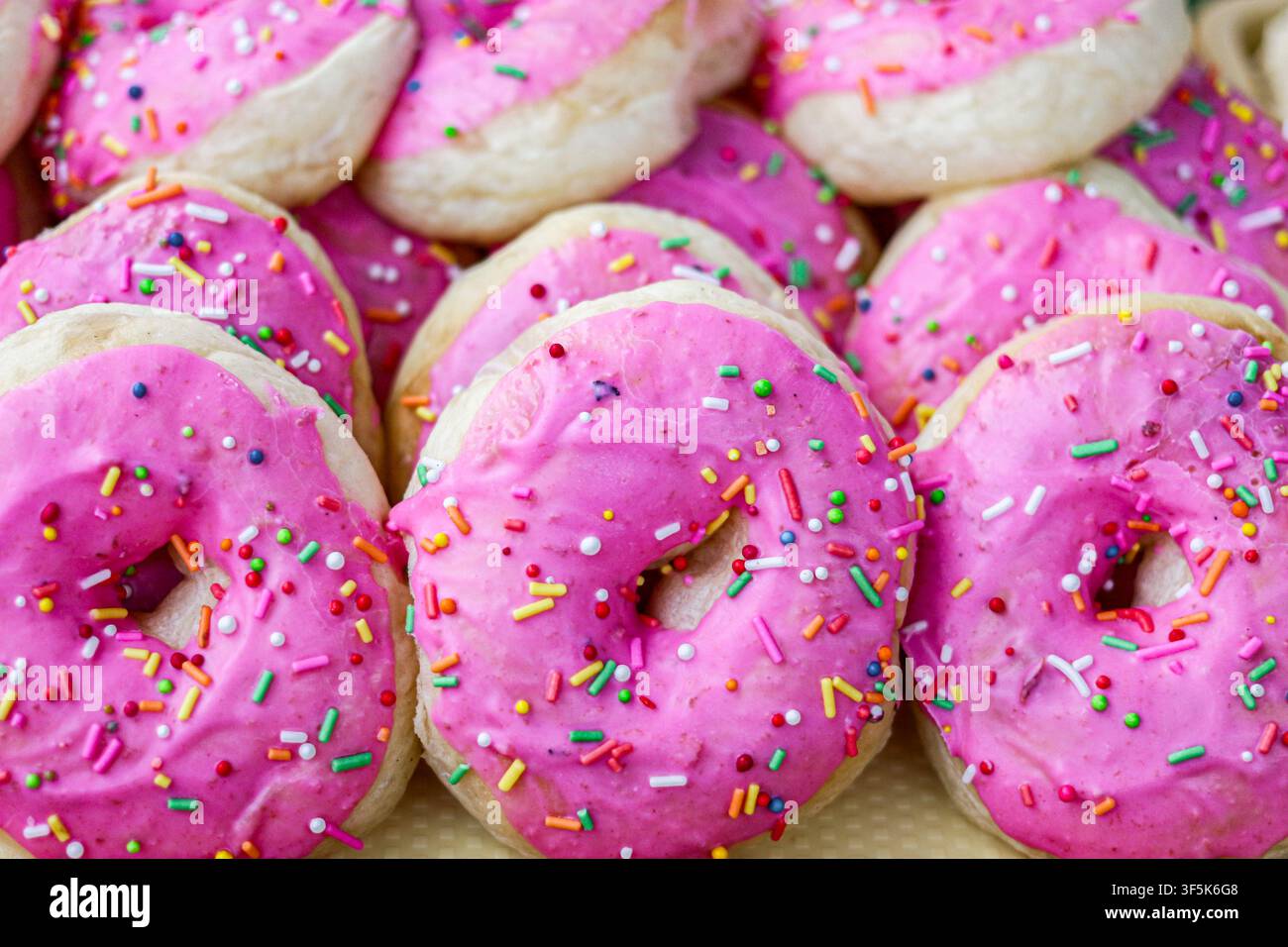 Nahaufnahme von rosa erdbeerüberzogenen Donuts mit buntem Streuseldruck, die goldbraune hausgemachte Teigwaren dicht aneinander gereiht zeigen. Stockfoto