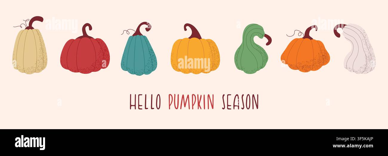 Herbstliche Kürbissammlung isoliert auf weißem Hintergrund. Flache Vektorillustration von farbenfrohen Herbstkürbissen und -kürbis mit dem Text „Hello Pumpkin Season“. Stock Vektor