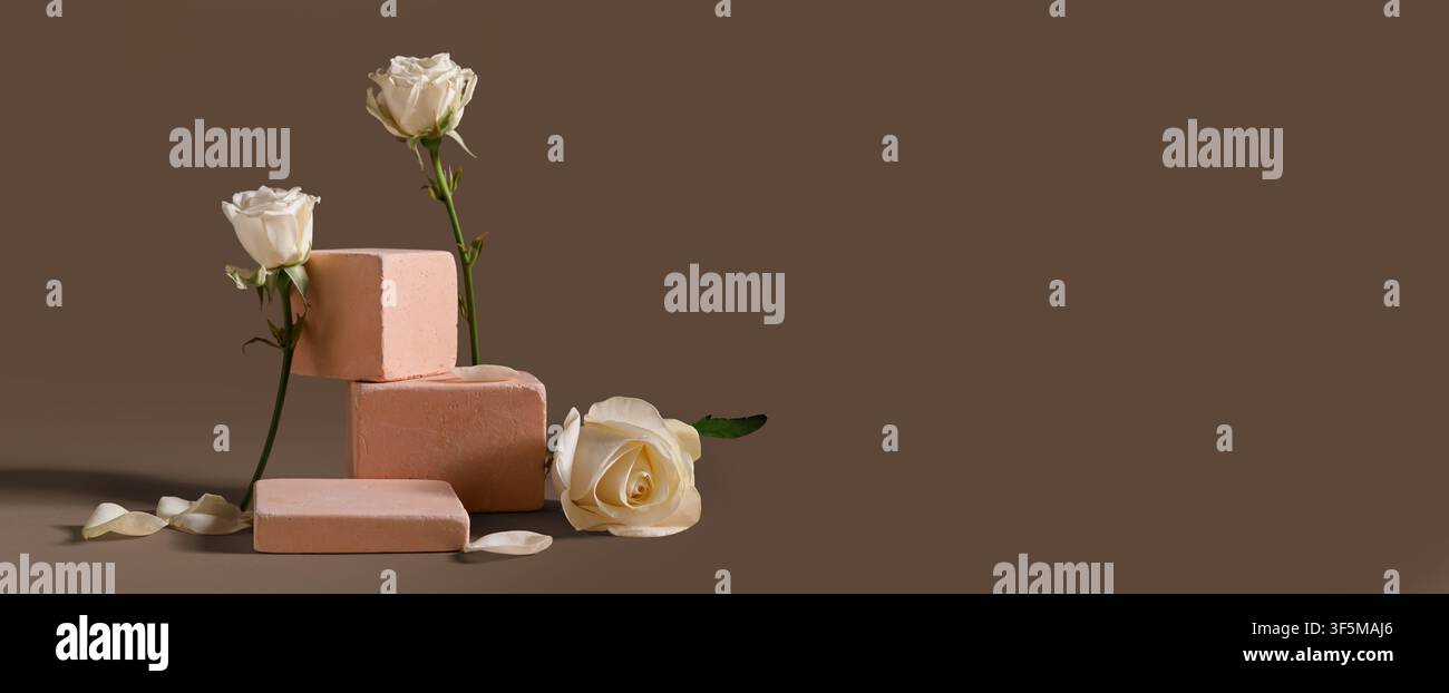 Weiße Rosen und Rosenblätter mit rosa geometrischen Blöcken auf einem braunen Hintergrund, Produktpräsentation und Schönheit Stockfoto
