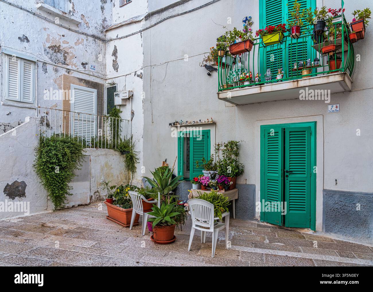 Bezaubernde Ecke der Santa-Maria-Straße mit grünen Fensterläden, Topfpflanzen und einem kleinen Sitzbereich im Freien. Monopoli, Provinz Bari, Puglia, Italien Stockfoto