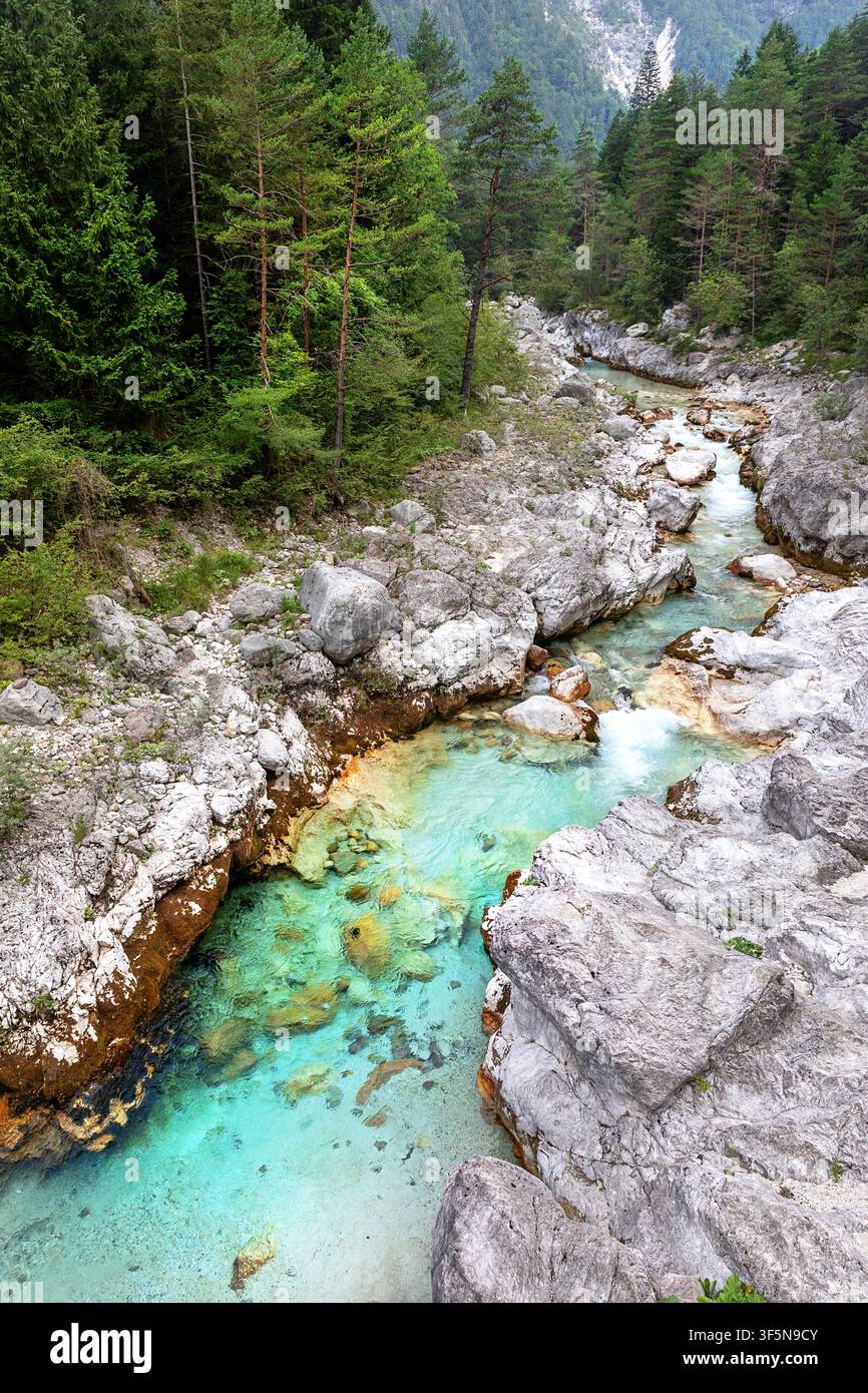 Spektakulärer Koritnica-Fluss mit smaragdgrünem Wasser, umgeben von einer alpinen Berglandschaft im Triglav-Nationalpark, Slowenien. Stockfoto