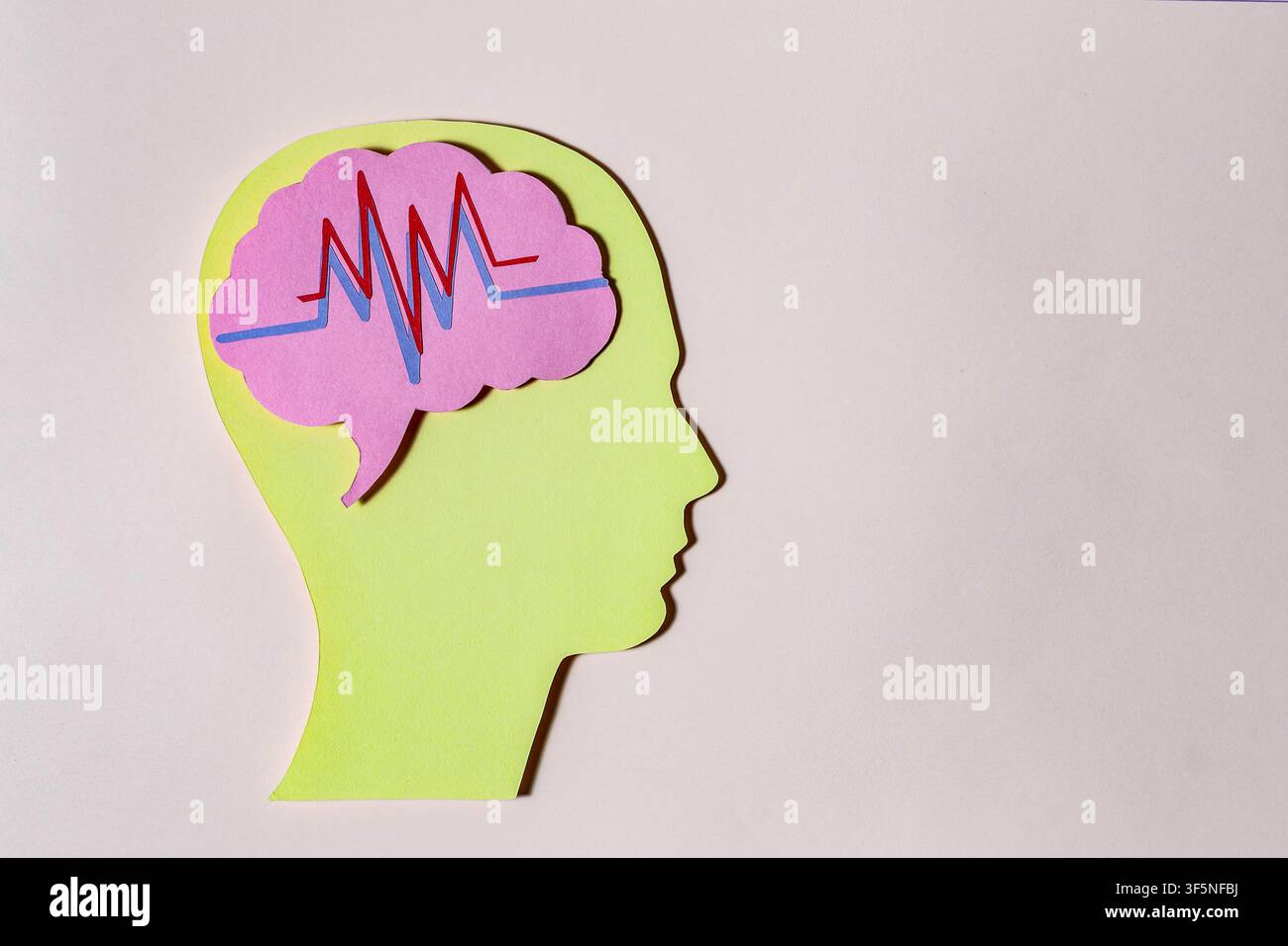 Konzept von psychischem Stress und Bewusstsein für psychische Gesundheit unter Verwendung einer Papierschnitt-Silhouette und einer Herzschlaglinie. Stockfoto