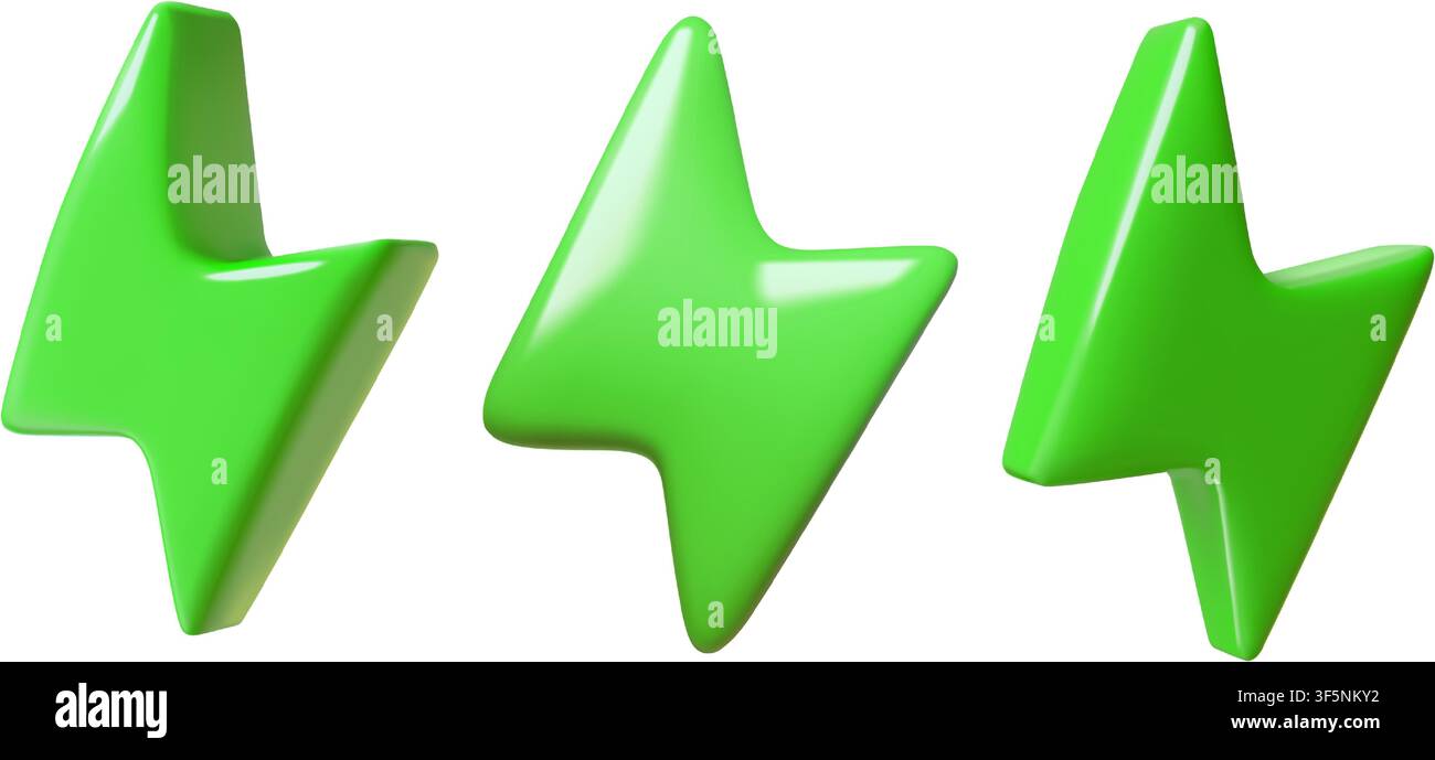 Green Lightning Bolt 3D-Ikonen-Set für Stromenergie-Ladung, Energieblitz, Eco-Technologie-Symbole Stock Vektor