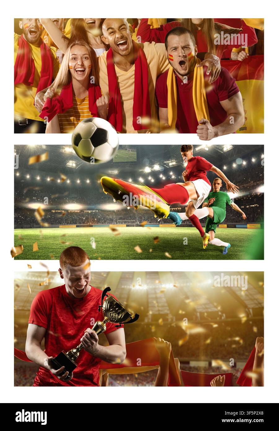 Fußballaktion und leidenschaftliche Fans vereint in einer lebendigen Stadion-Sportcollage Stockfoto