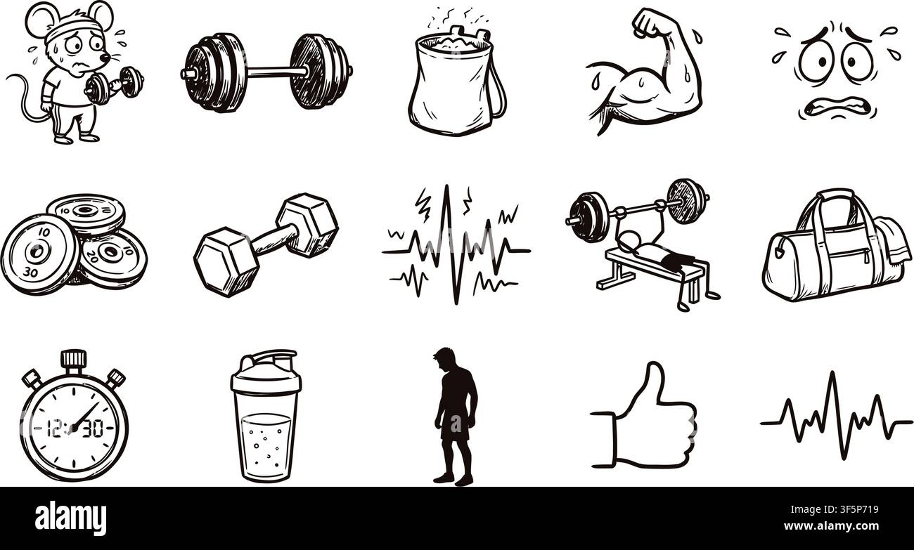 Fitness- und Fitnessstudio-Vektorillustrationen mit schwitzenden Mäusen, die Hanteln und schwere Langhanteln sowie Fitnessstangentaschen und angespannten Muskelarmen heben Stock Vektor