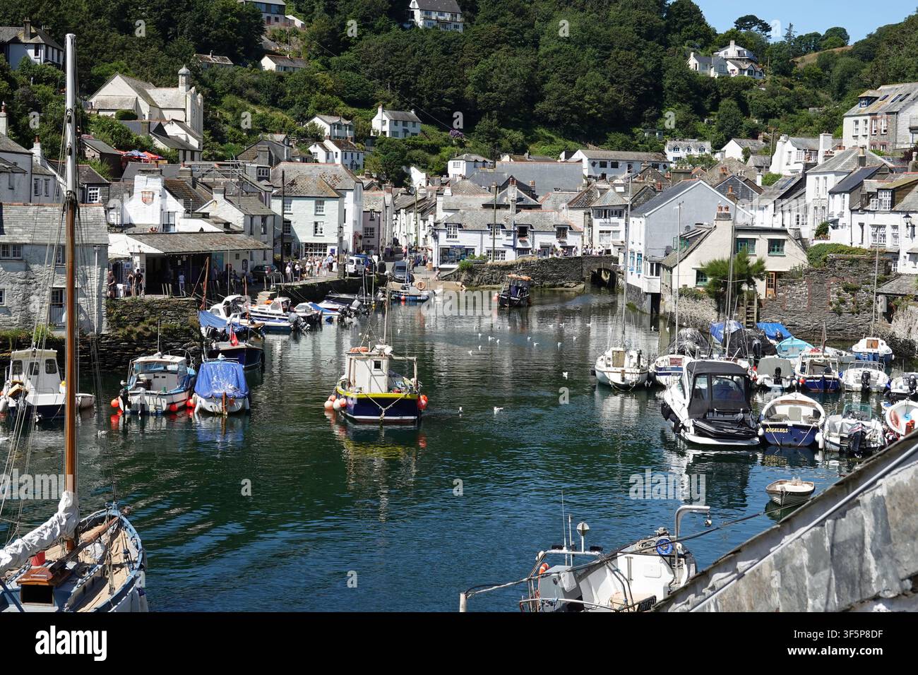 Blick über den Hafen von Polperro, Cornwall, im Sommer Stockfoto