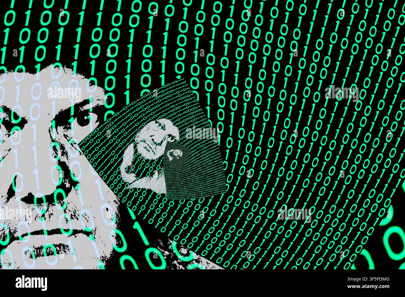 Abstrakter Binärcode mit einem menschlichen Kopf, der in einem verzerrten Strom schrumpft und in der Unendlichkeit verblasst. Person gefangen in der künstlichen virtuellen Realität des digitalen Raums. Stockfoto