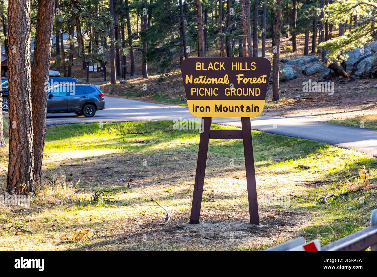 Schild des Iron Mountain-Picknickplatzes im Black Hills National Forest in South Dakota Stockfoto