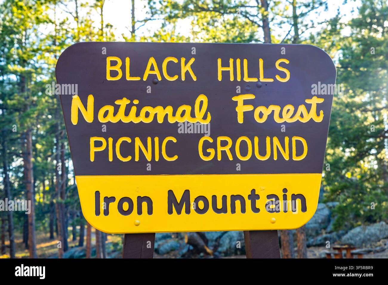 Schild des Iron Mountain-Picknickplatzes im Black Hills National Forest in South Dakota Stockfoto