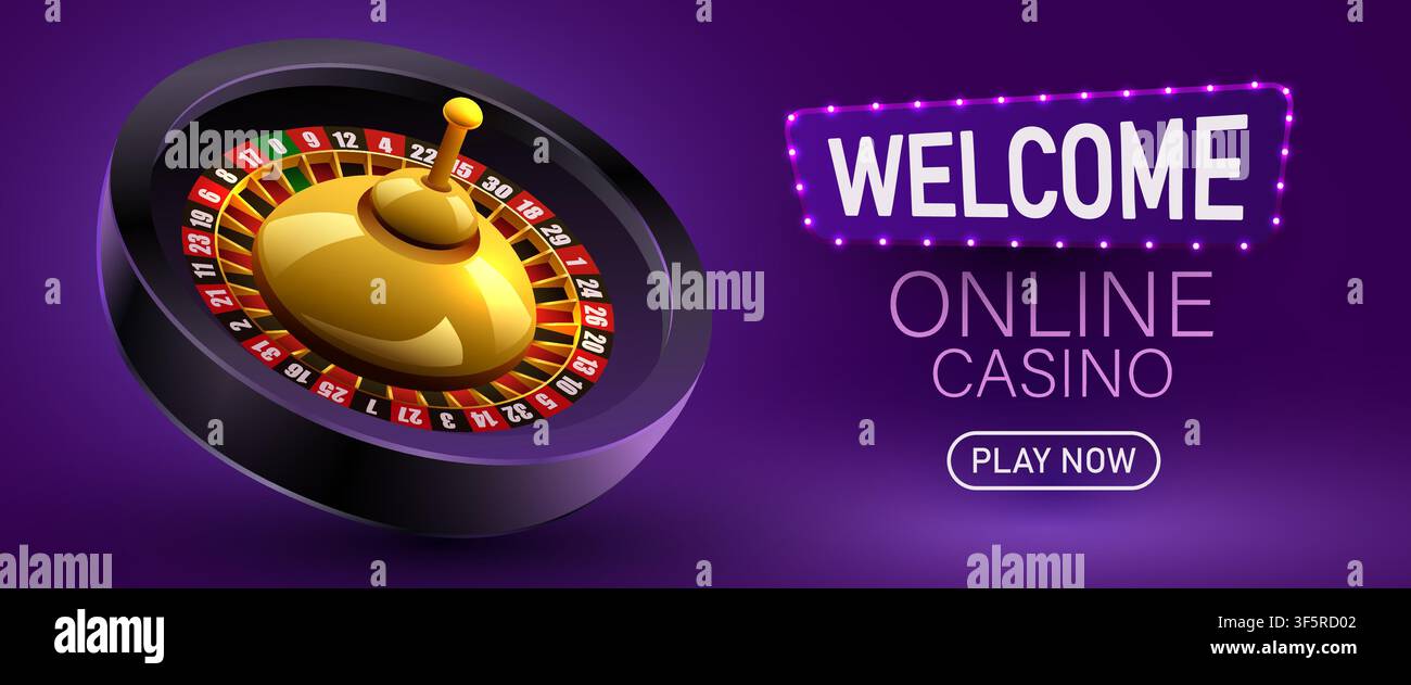 Online-Casino-Banner mit Roulette-Rad und Neon-Schild. Werbung für Glücksspielplattform. Vektorillustration Stock Vektor