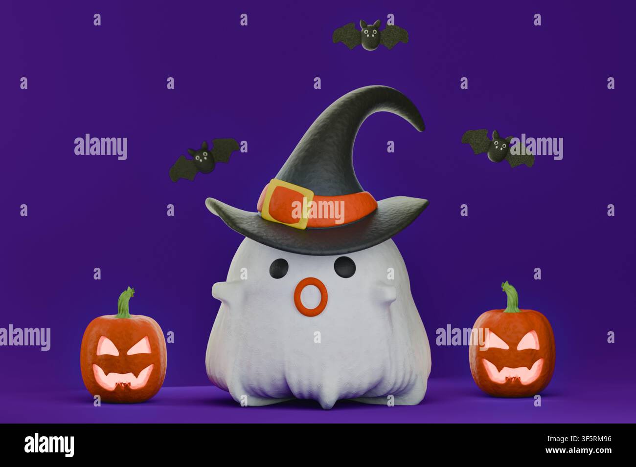 3D-Halloween-Geisterfigur mit Hexenhut, Kürbislaternen und Fledermäusen, niedliche Ton-Cartoon-Illustration isoliert Stockfoto