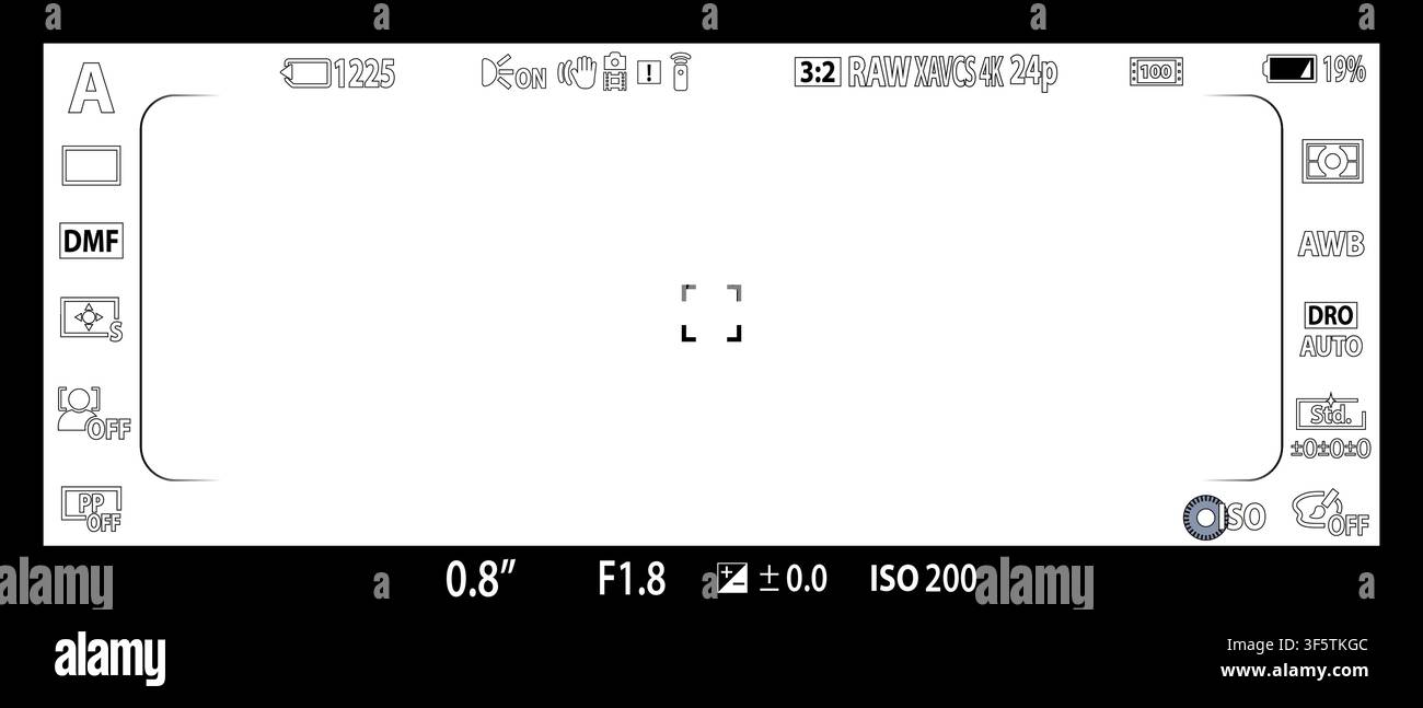 DSLR-spiegelreflexlose Kamera-Rec-Overlay isoliert auf transparentem Hintergrund. 21:9-Recorder-Cam-Anzeige. Video- oder Fotoaufnahme-Bildschirm. Sucher-Layout-Vorlage. Stock Vektor