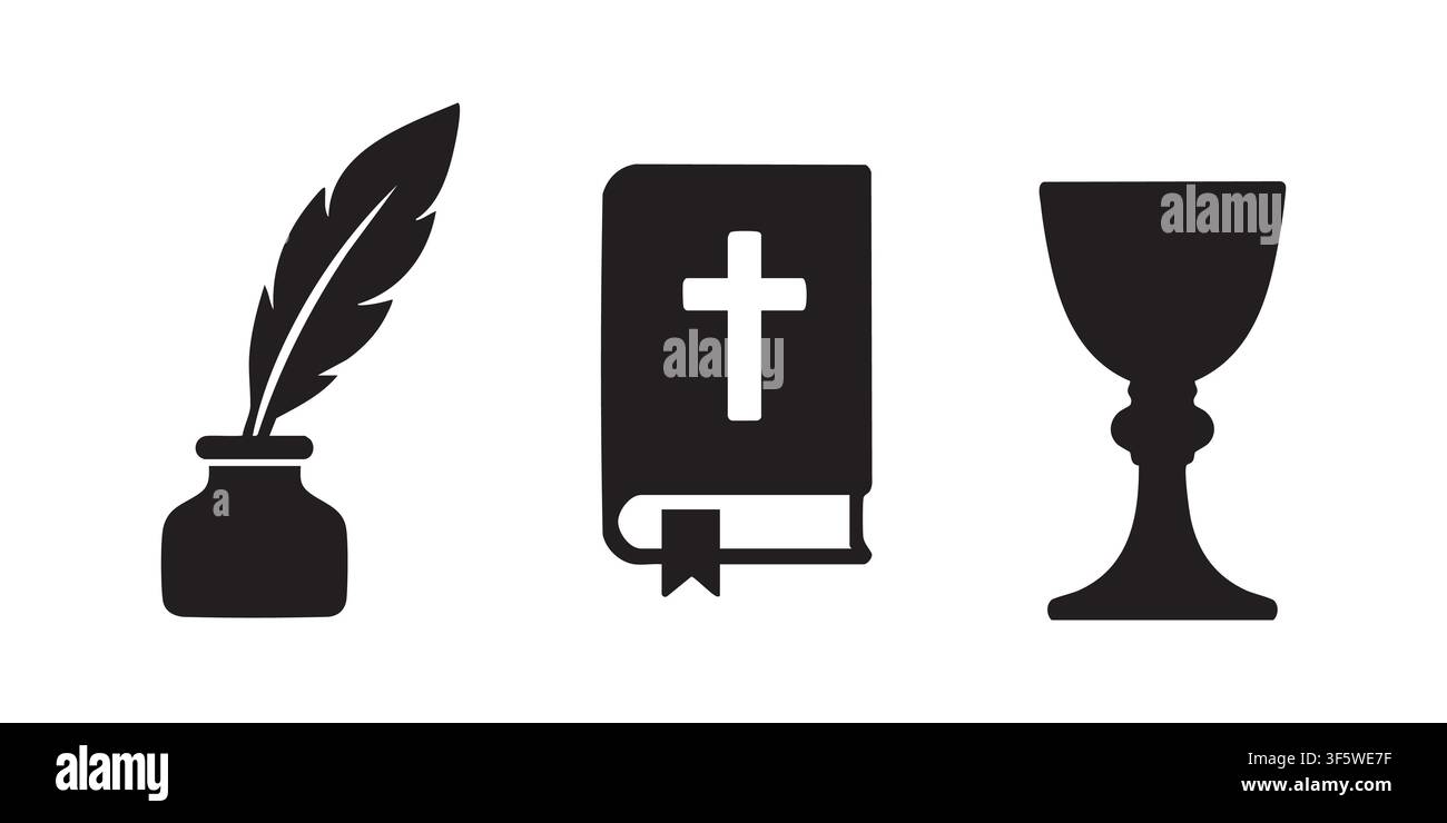 Schwarzer Silhouetten-Vektorsatz von Feder-Tinte-, Bibel- und Kelch-Goblet-Ikonen Stock Vektor
