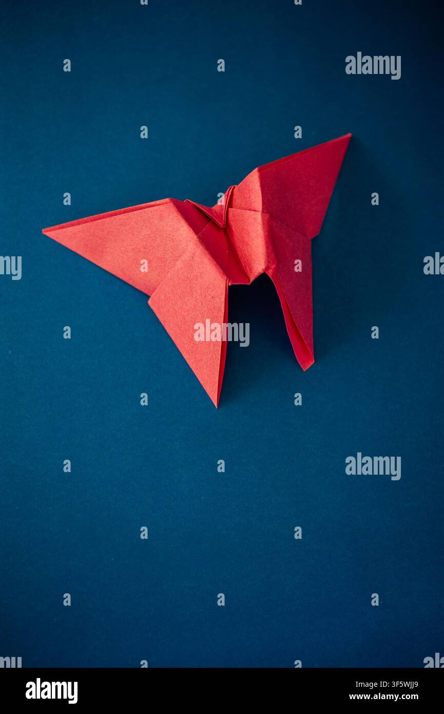 Roter Origami-Schmetterling auf einem dunkelblauen Hintergrund, von oben fotografiert mit breitem Kopierraum und weicher dramatischer Beleuchtung Stockfoto