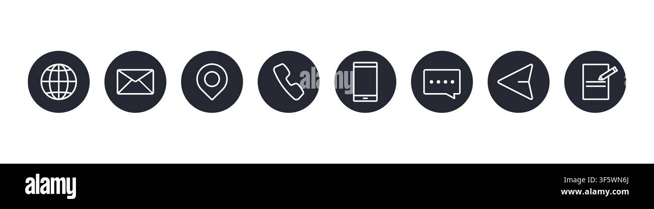 Kontakt-Telefon-Symbole, Geschäftskommunikationssymbole einschließlich Telefon, E-Mail und Standortpiktogrammen. Vektorset moderner Umriss-Symbole für Websites Stock Vektor