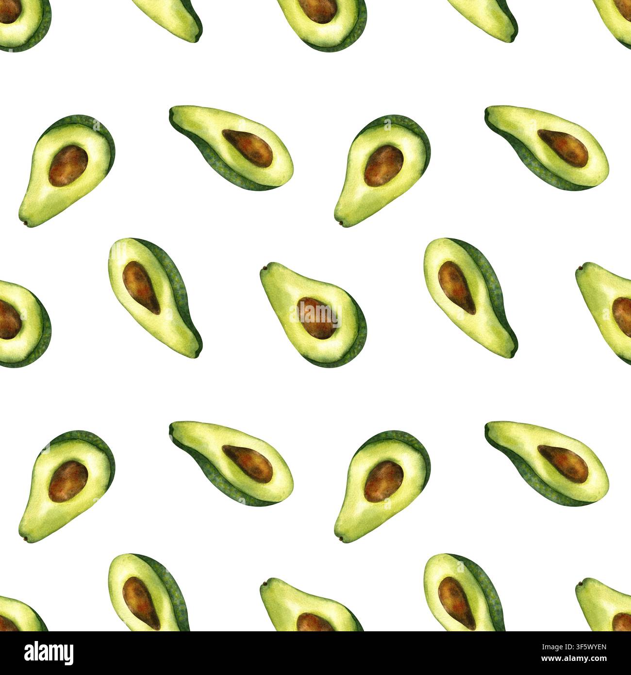 Nahtloses Aquarell-Avocado-Muster. Handgezeichnete frische Avocado-Hälften mit Steinen isoliert auf weißem Hintergrund. Lebendige tropische Lebensmitteltextur für Stockfoto