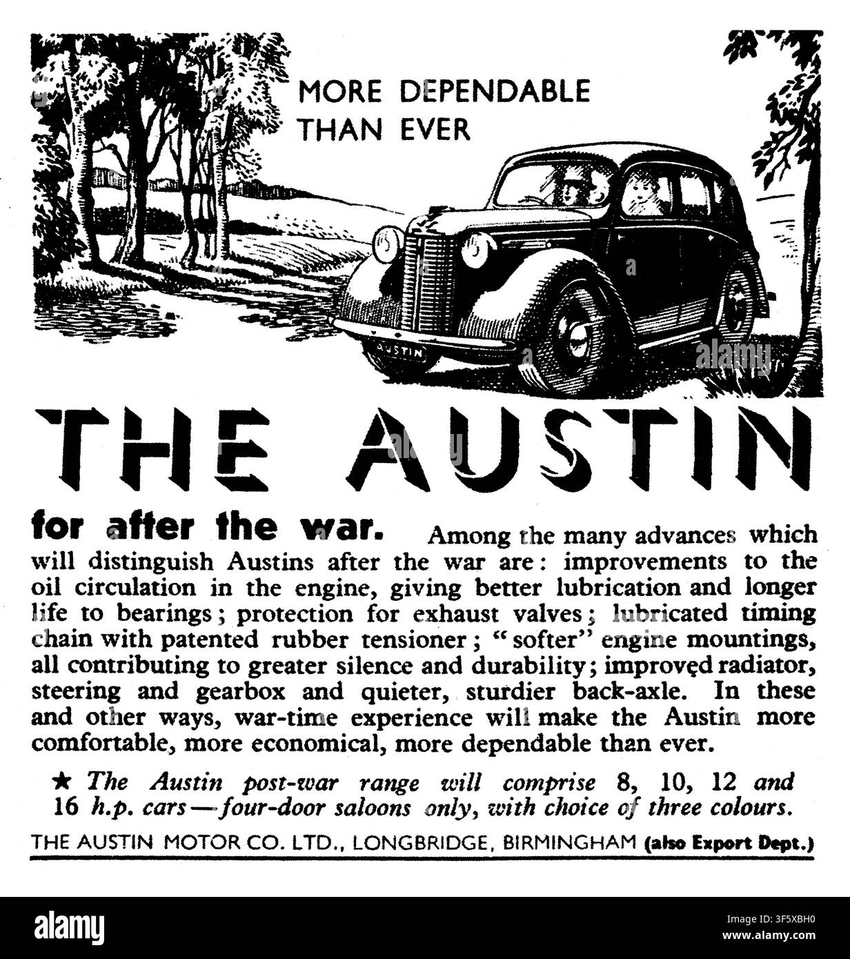 1945 Illustriertes Magazin, Austin-Automobilwerbung, zuverlässiger denn je, für die Zeit nach dem Krieg Stockfoto
