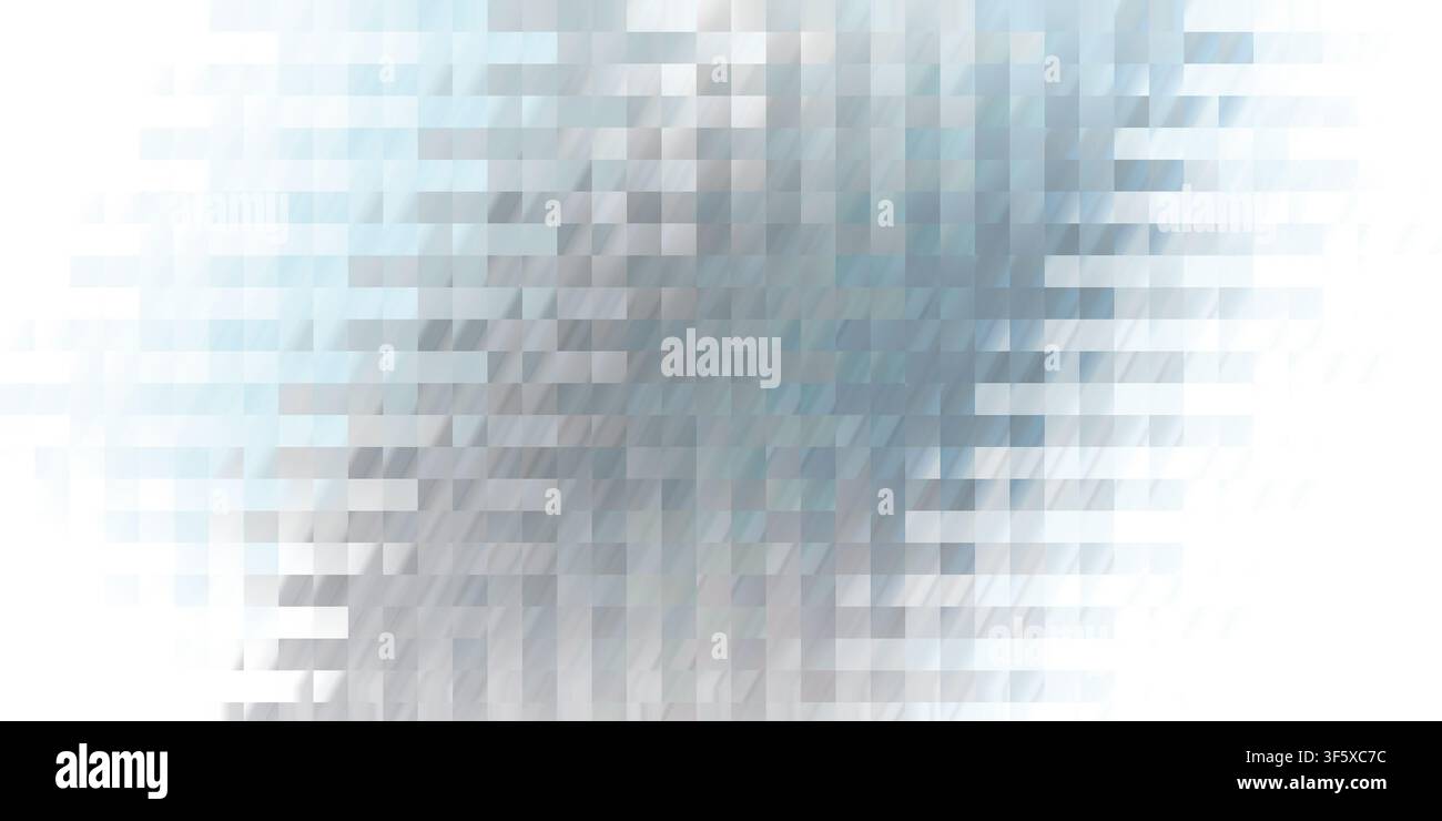 Ein abstrakter digitaler Hintergrund mit einem Mosaik aus blauen und grauen rechteckigen Pixeln, der eine weiche, atmosphärische und moderne Farbverlaufstextur erzeugt. Stockfoto