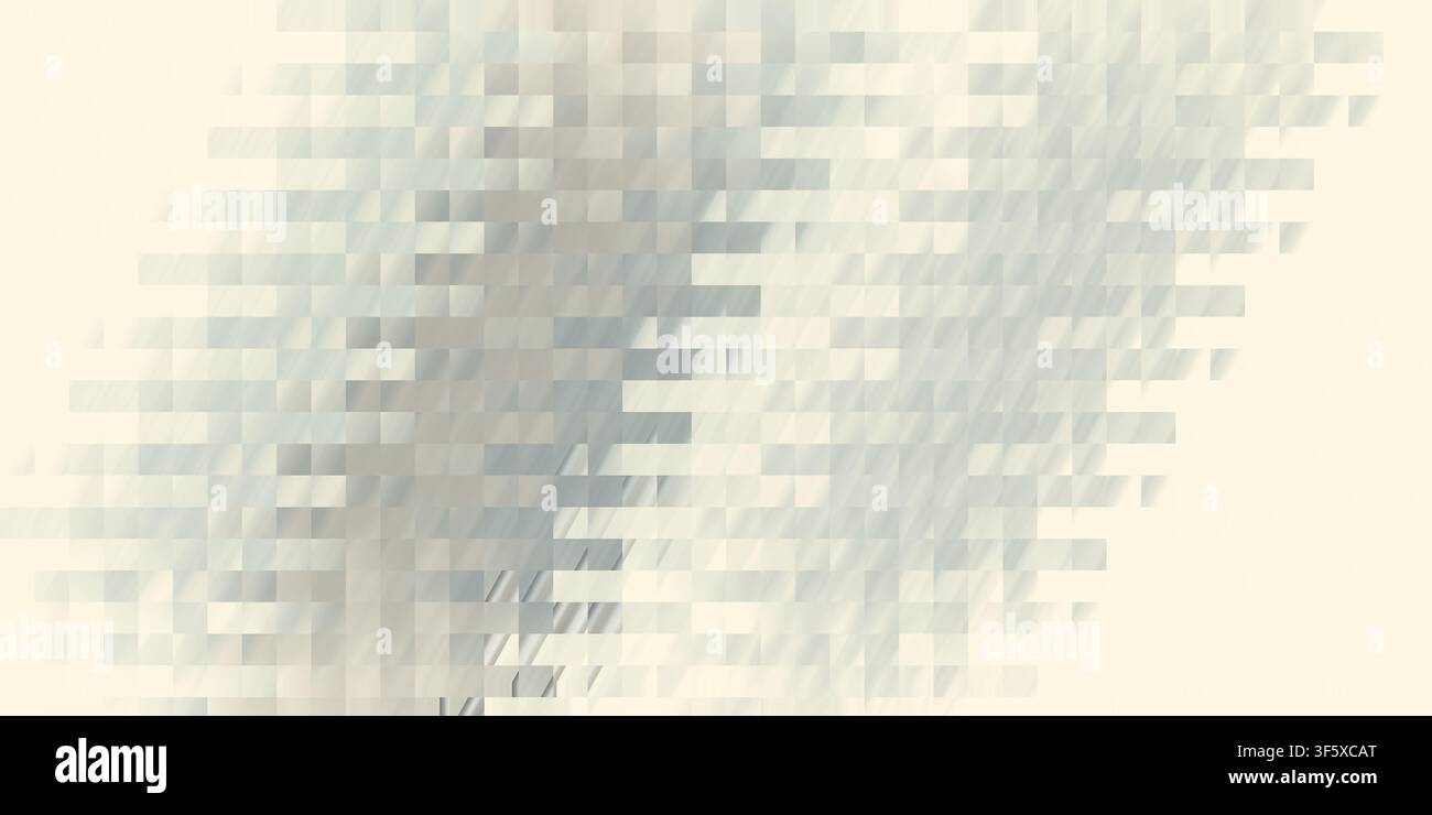 Ein sauberer, minimalistischer abstrakter Hintergrund mit einem Raster aus rechteckigen Pixeln in verschiedenen Schattierungen von weichem Grau und Weiß, der eine subtile Textur erzeugt. Stockfoto