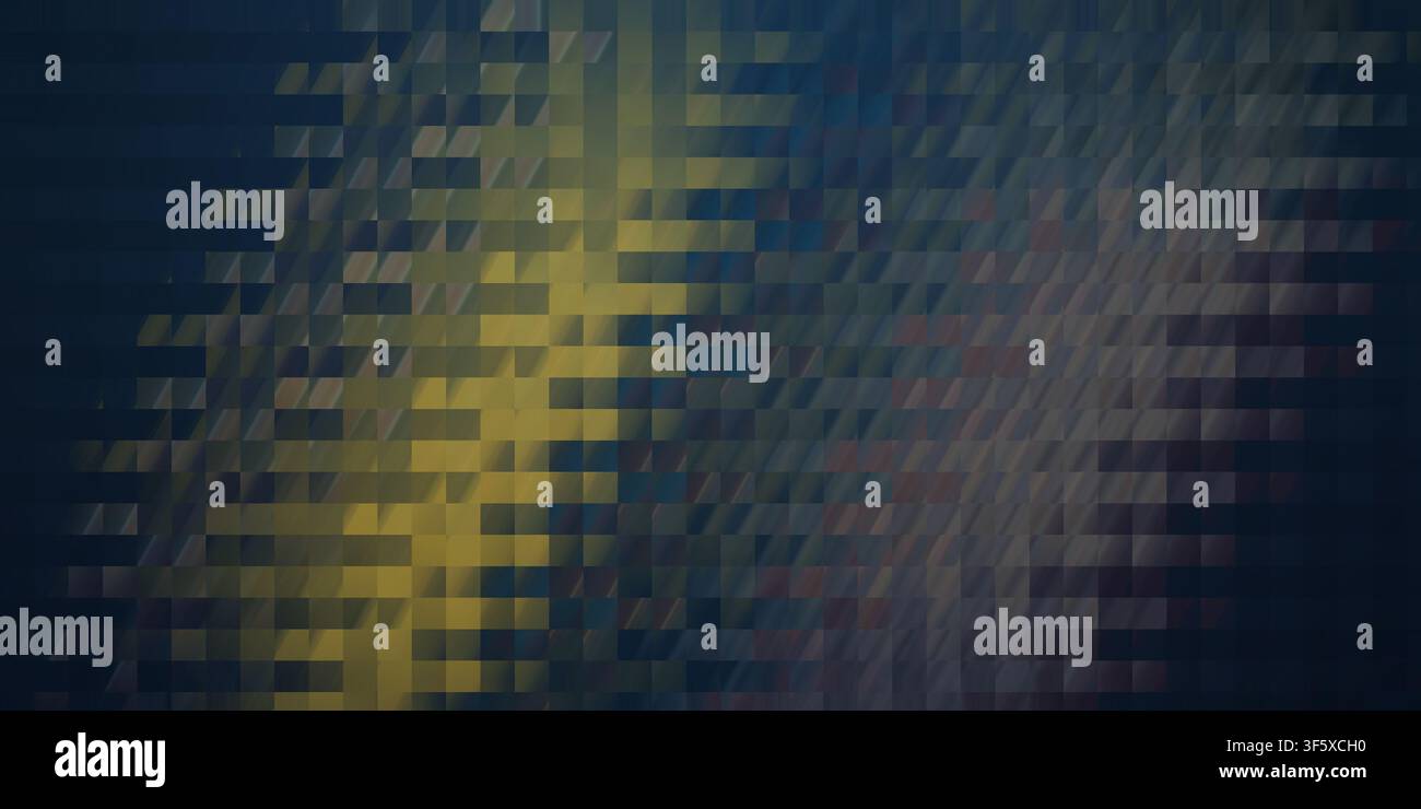 Ein dunkler, stimmungsvoller abstrakter Hintergrund, bestehend aus einem Raster rechteckiger Pixel, mit tiefblauen und goldgelben Tönen und einem subtilen Lichteffekt. Stockfoto