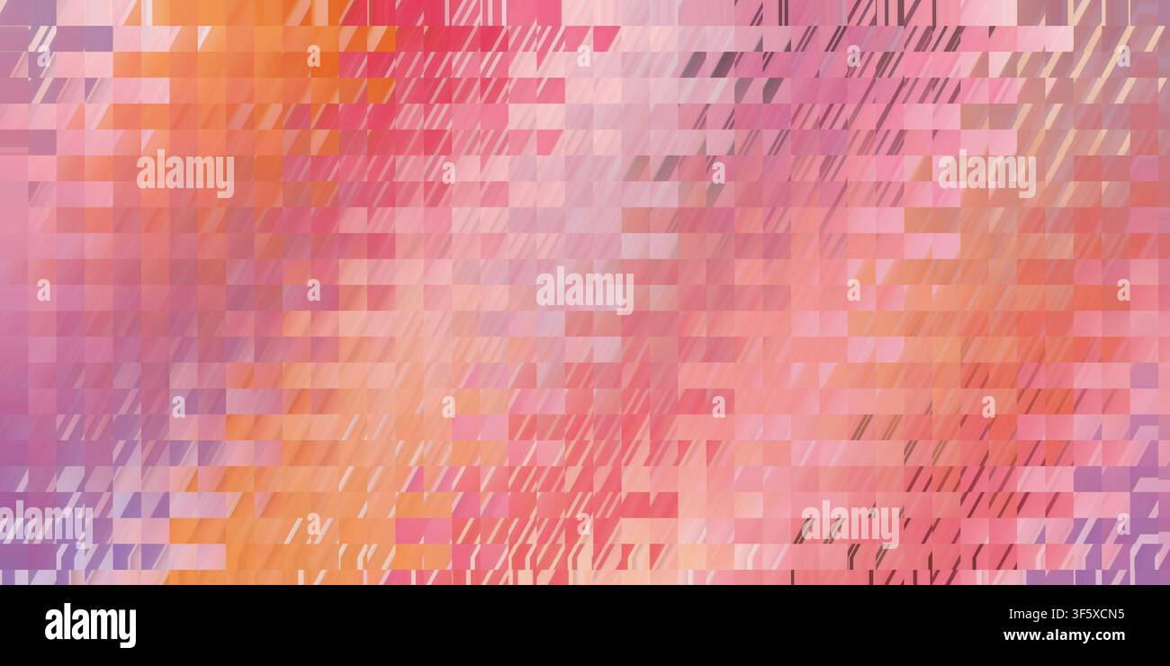 Ein lebendiger abstrakter Hintergrund, bestehend aus einem Raster rechteckiger Pixel in warmen Tönen von Rosa, Orange und Lila, die einen sanften Farbverlauf erzeugen. Stockfoto