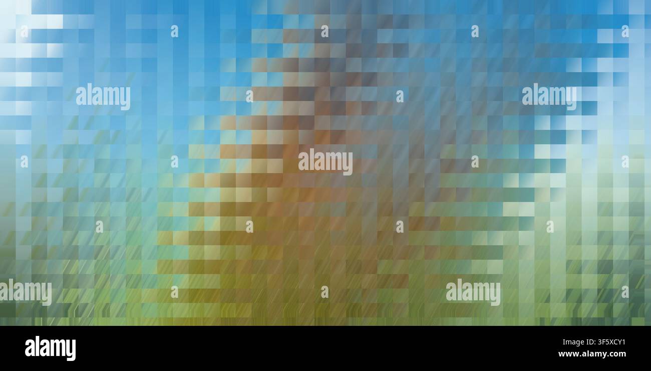 Eine lebendige abstrakte Komposition mit einem Raster aus quadratischen Pixeln, die helle Blau-, erdige Braun- und sanfte Grüntöne für einen texturierten Effekt vermischen. Stockfoto