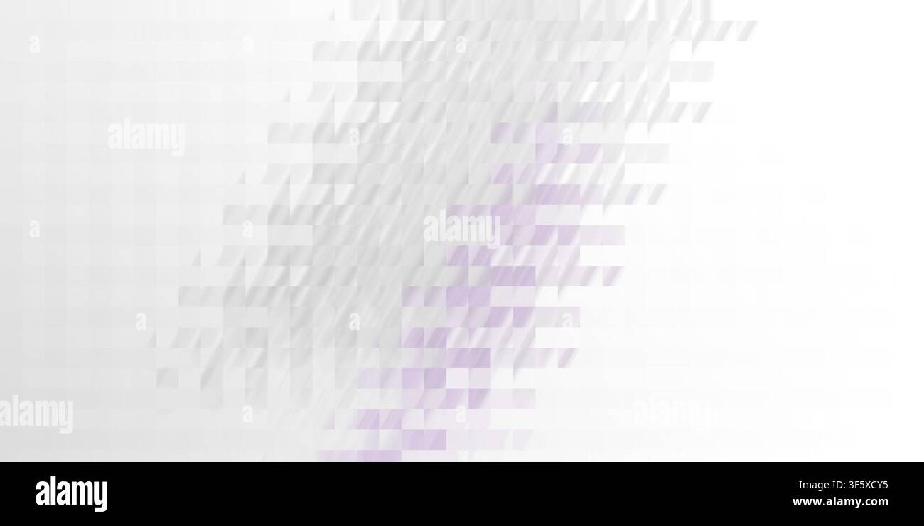 Ein moderner abstrakter Hintergrund mit einem diagonalen Farbverlauf aus lila und weißen Quadratpixeln, der einen digitalen Mosaikeffekt mit einer klaren Ästhetik erzeugt. Stockfoto