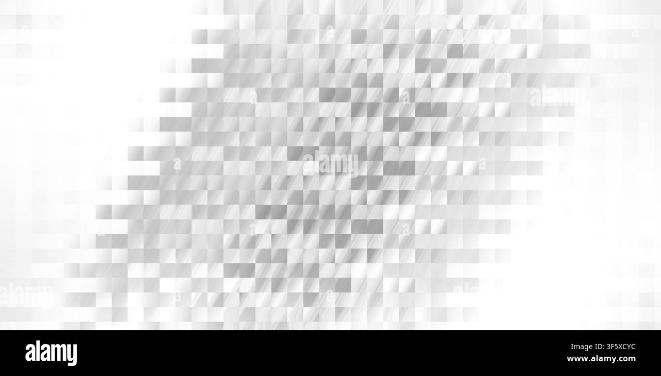 Ein hochauflösender abstrakter Hintergrund mit einem Raster aus quadratischen Pixeln in sanften Grau- und Weißverlaufstönen, der eine moderne digitale Textur erzeugt. Stockfoto