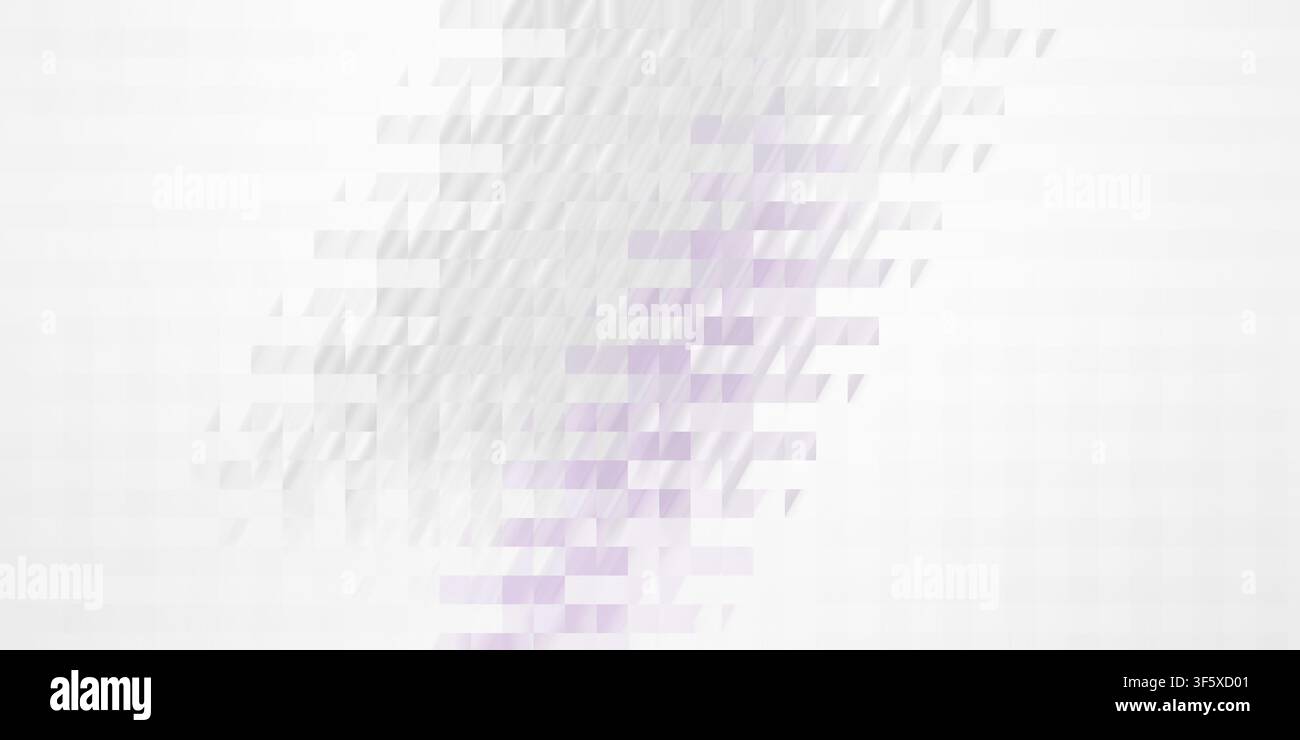 Ein moderner abstrakter Hintergrund mit einem diagonalen Farbverlauf aus lila und weißen Quadratpixeln, der einen digitalen Mosaikeffekt mit einer klaren Ästhetik erzeugt. Stockfoto