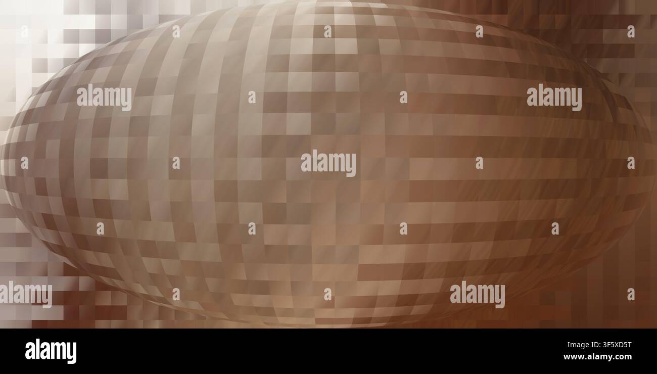 Ein abstrakter Hintergrund mit einem zentralen kugelförmigen Verzerrungseffekt aus hellbraunen und beigen rechteckigen Pixeln, der eine weiche, warme Textur erzeugt. Stockfoto