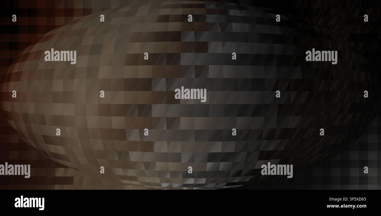 Ein abstrakter Hintergrund mit einem zentralen sphärischen Verzerrungseffekt aus dunkelbraunen und schwarzen rechteckigen Pixeln, der eine tiefe, stimmungsvolle Textur erzeugt Stockfoto